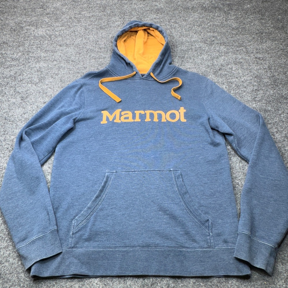 Marmot Hoodie Mens Medium Blue Orange Logo Pullover Sweatshirt Gorpcore Outdoor